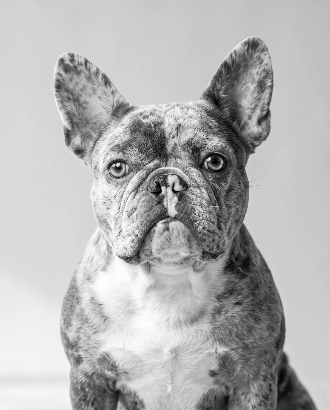 A merle French Bulldog in a black-and-white studio portrait