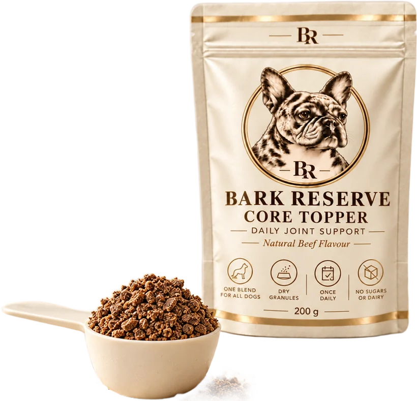 The BarkReserve Core pouch beside a level scoop of beef-coated granules