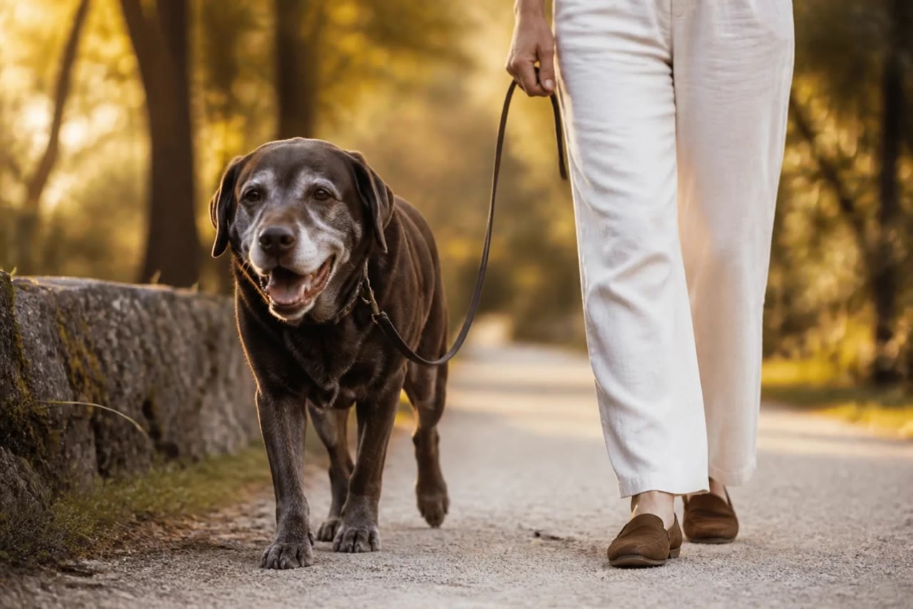 A grey-muzzled Labrador walking beside its owner on a sunlit path